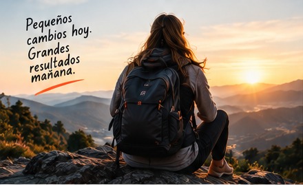 Excursionista sentada en la montaña mirando el amanecer