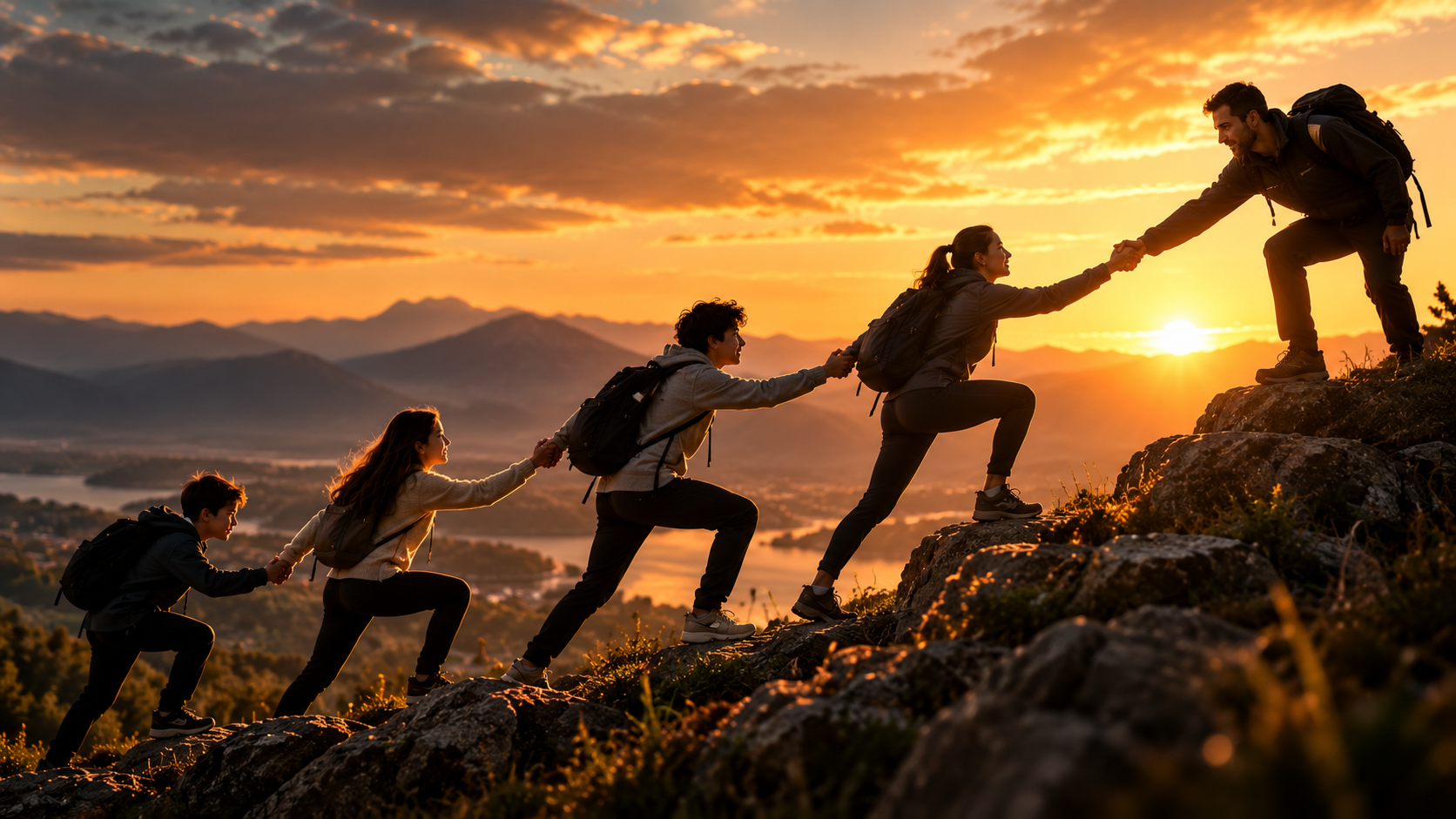 Equipo de jóvenes ayudándose a subir una montaña al atardecer