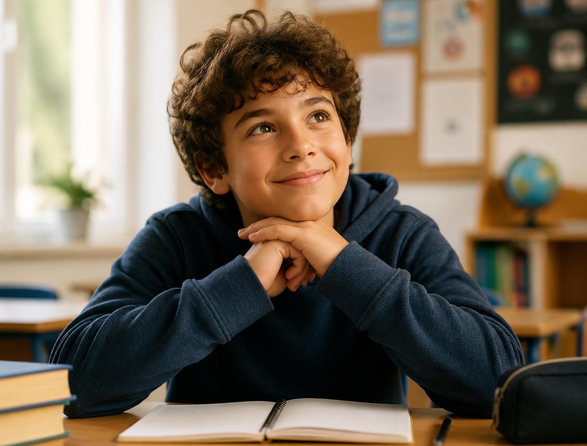 Niño sonriendo en clase mirando al frente