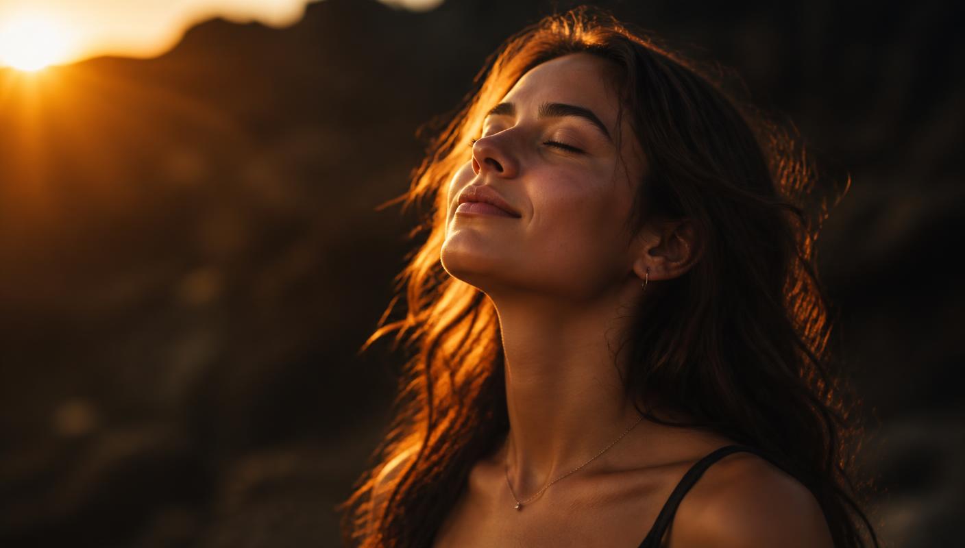 Joven con el rostro hacia la luz del sol